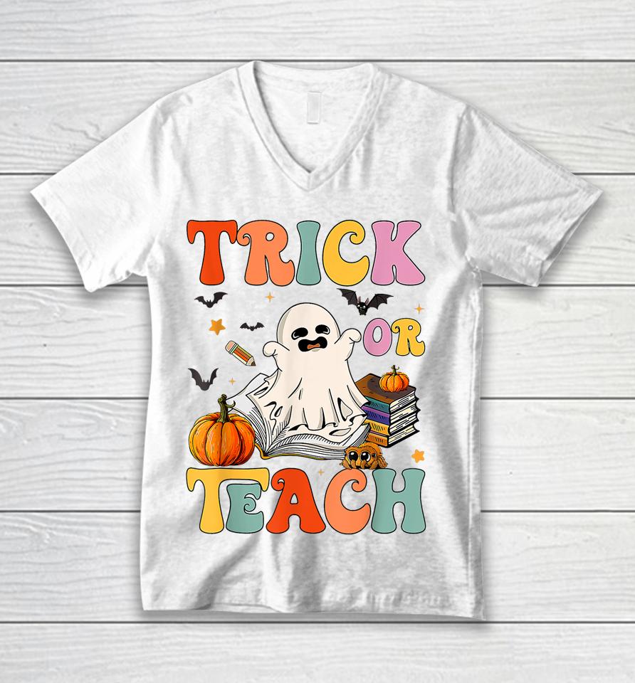 Groovy Halloween Trick Or Teach Retro Floral Ghost Teacher Unisex V-Neck T-Shirt