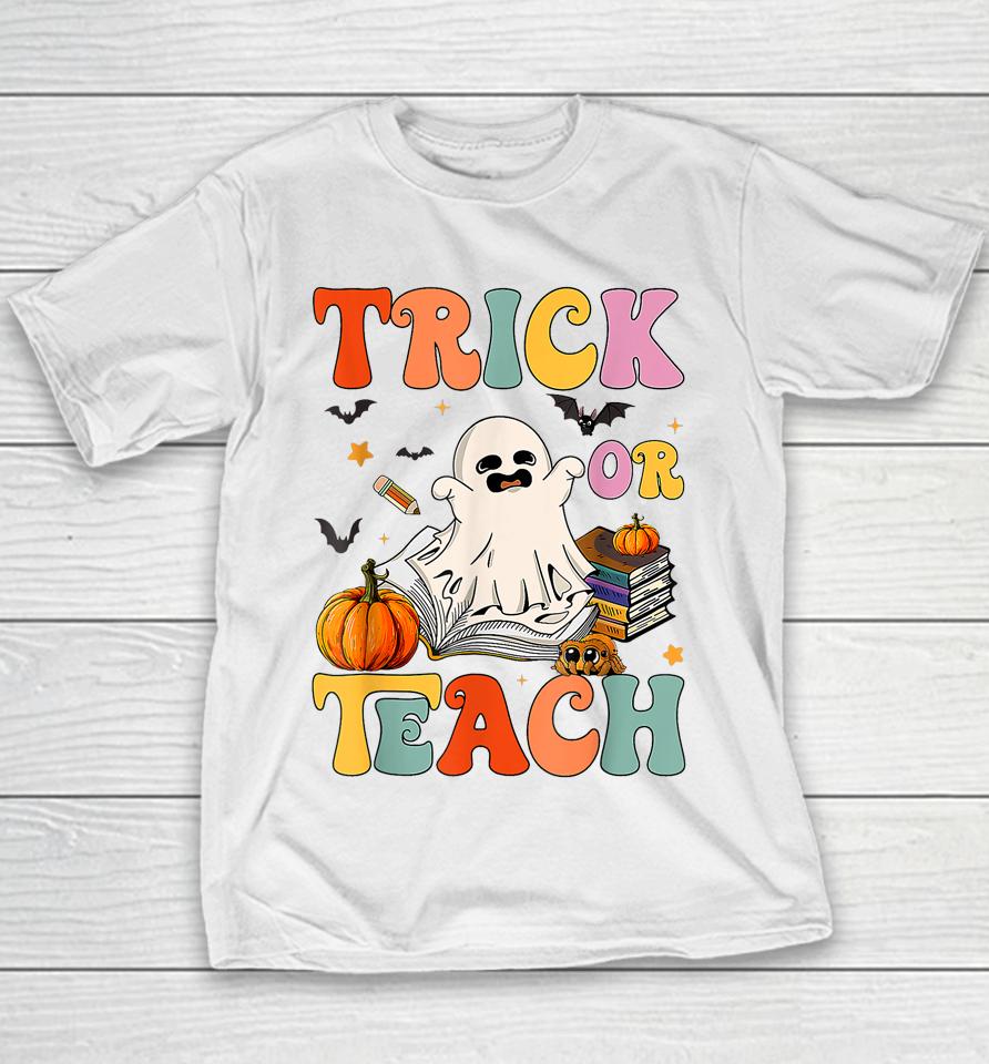Groovy Halloween Trick Or Teach Retro Floral Ghost Teacher Youth T-Shirt