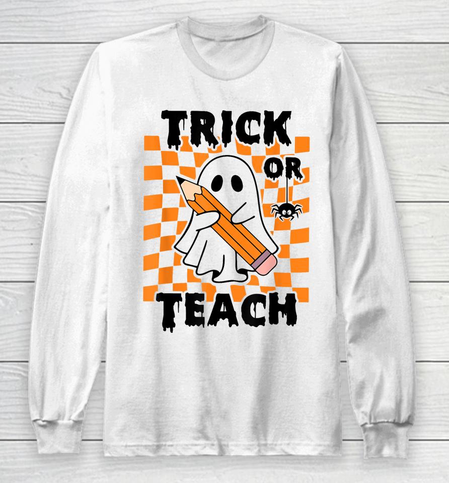 Groovy Halloween Trick Or Teach Retro Floral Ghost Teacher Long Sleeve T-Shirt