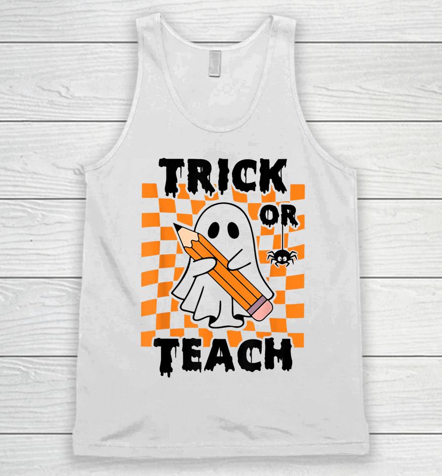Groovy Halloween Trick Or Teach Retro Floral Ghost Teacher Unisex Tank Top