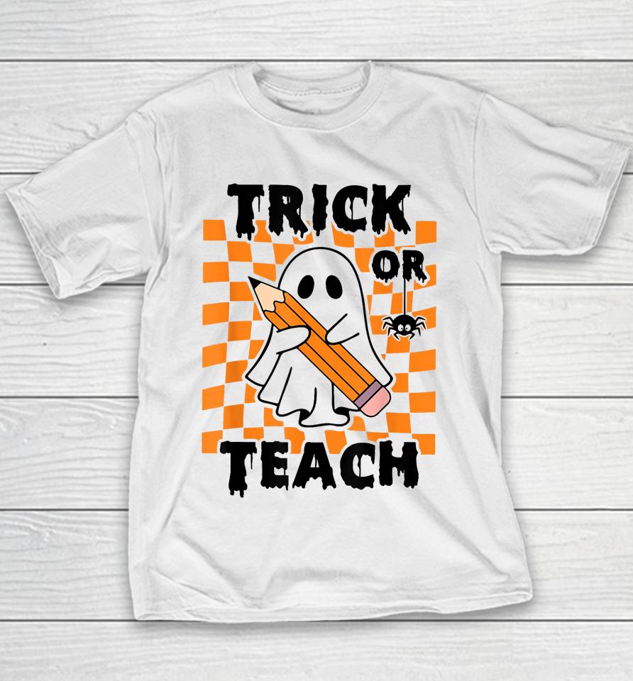 Groovy Halloween Trick Or Teach Retro Floral Ghost Teacher Youth T-Shirt