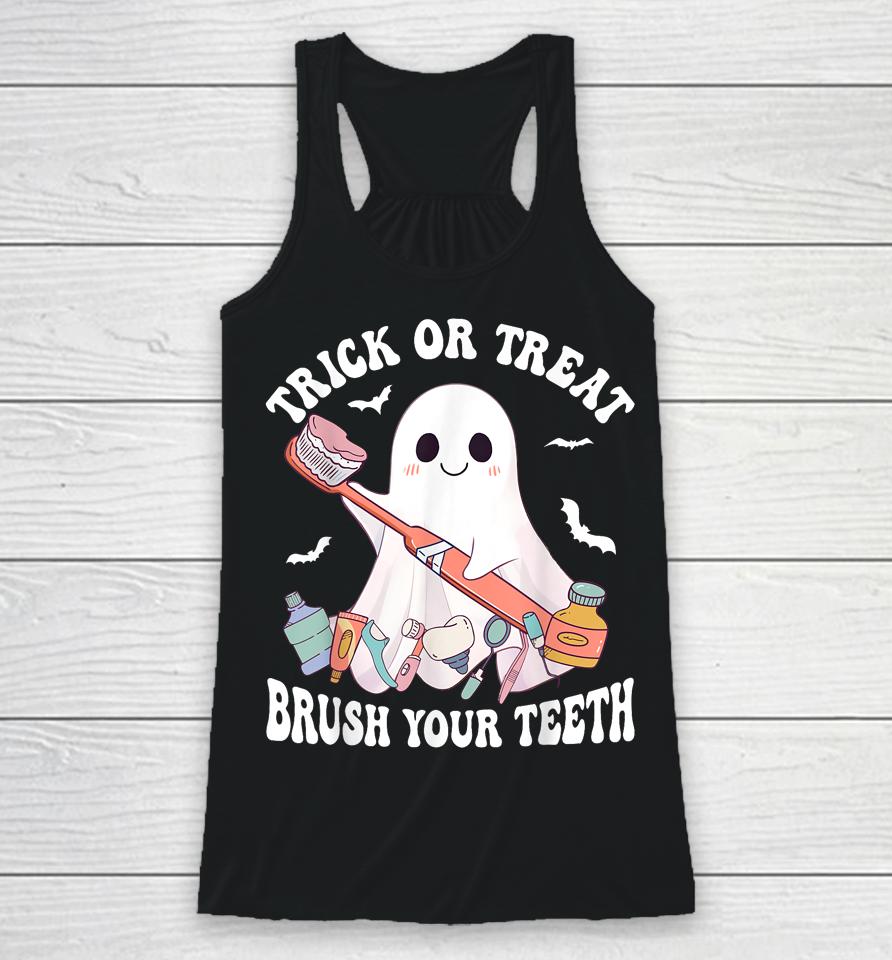 Groovy Halloween Trick Or Treat Brush Your Teeth Dentist Racerback Tank