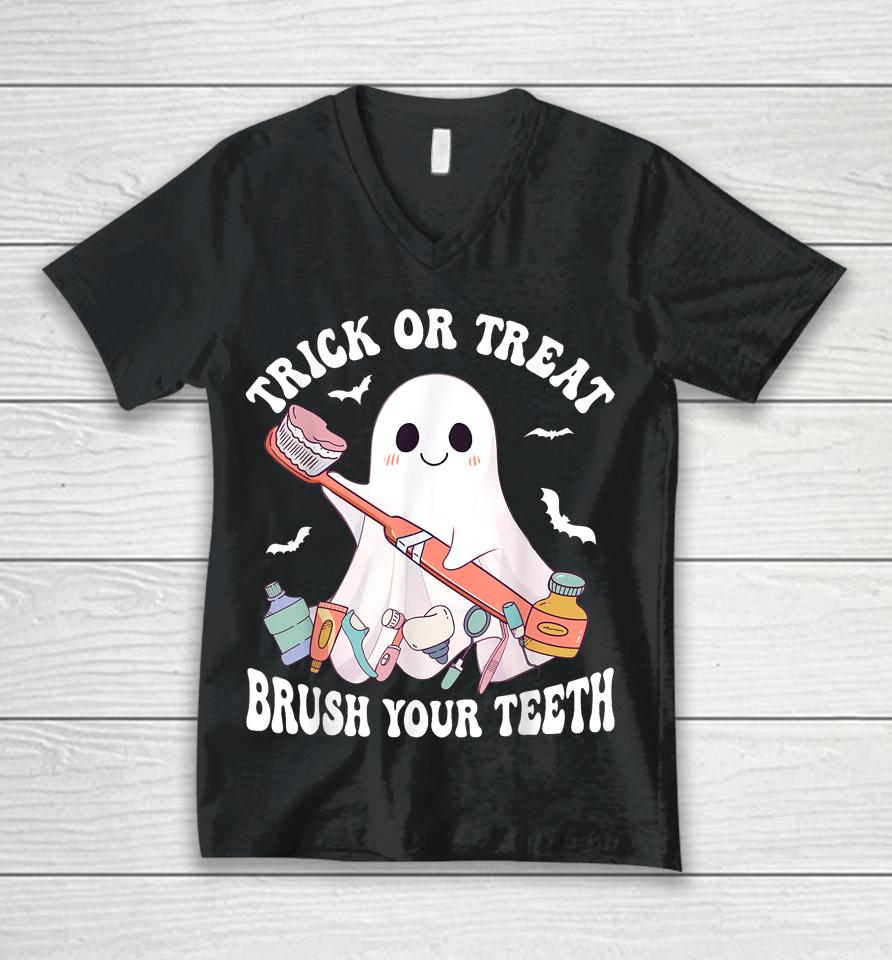 Groovy Halloween Trick Or Treat Brush Your Teeth Dentist Unisex V-Neck T-Shirt