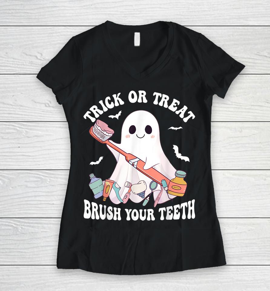 Groovy Halloween Trick Or Treat Brush Your Teeth Dentist Women V-Neck T-Shirt