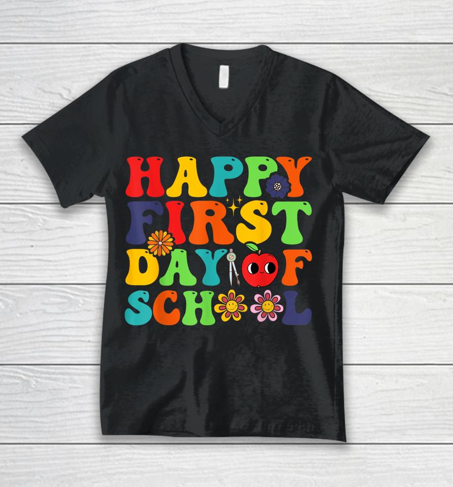 Groovy Happy First Day Of School Back To School Teachers Unisex V-Neck T-Shirt