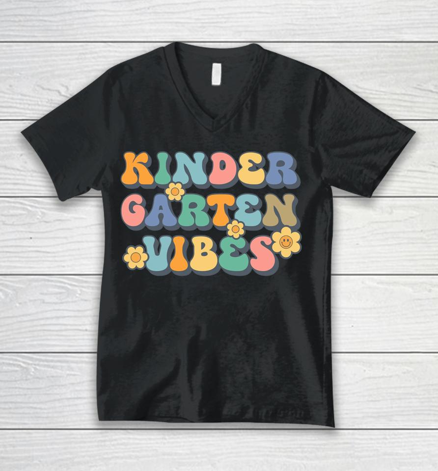 Groovy Hello Kindergarten Vibes Retro Teacher Back To School Unisex V-Neck T-Shirt