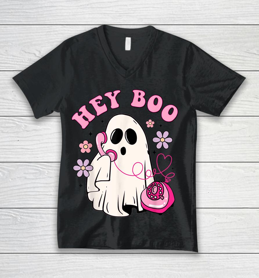 Groovy Hey Boo Cute Ghost Funny Halloween Unisex V-Neck T-Shirt