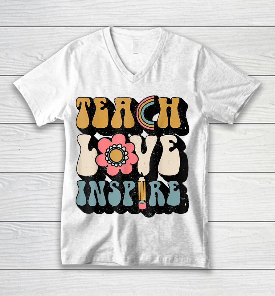 Groovy Hippy Teacher Be Kind Teach Love Inspire Elementary Unisex V-Neck T-Shirt