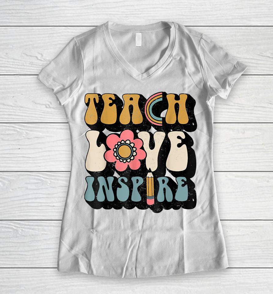 Groovy Hippy Teacher Be Kind Teach Love Inspire Elementary Women V-Neck T-Shirt