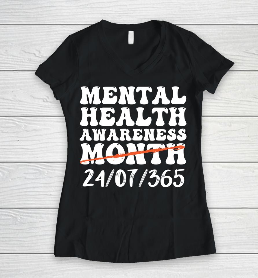 Groovy In May We Wear Green Mental Health Awareness Design Women V-Neck T-Shirt