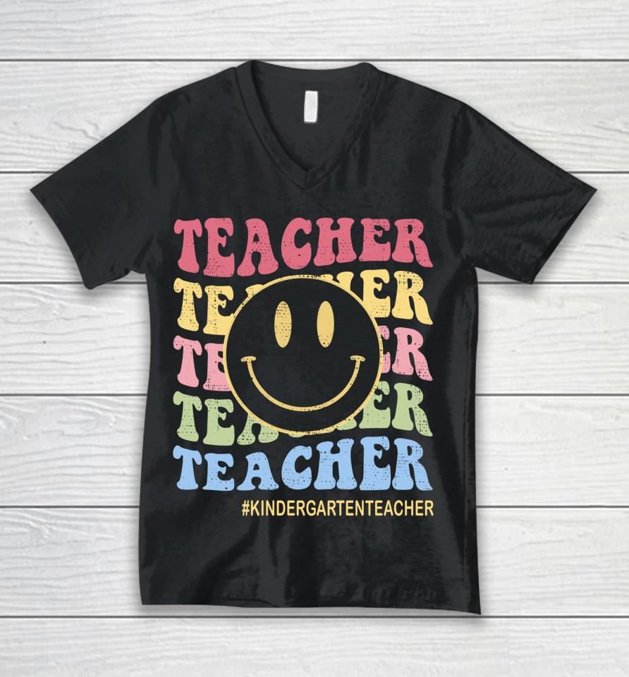 Groovy Kindergarten Vibes Retro Face Teachers Back To School Unisex V-Neck T-Shirt