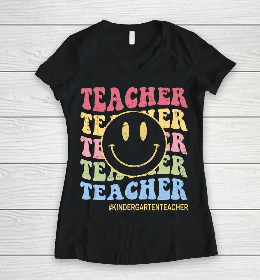 Groovy Kindergarten Vibes Retro Face Teachers Back To School Women V-Neck T-Shirt