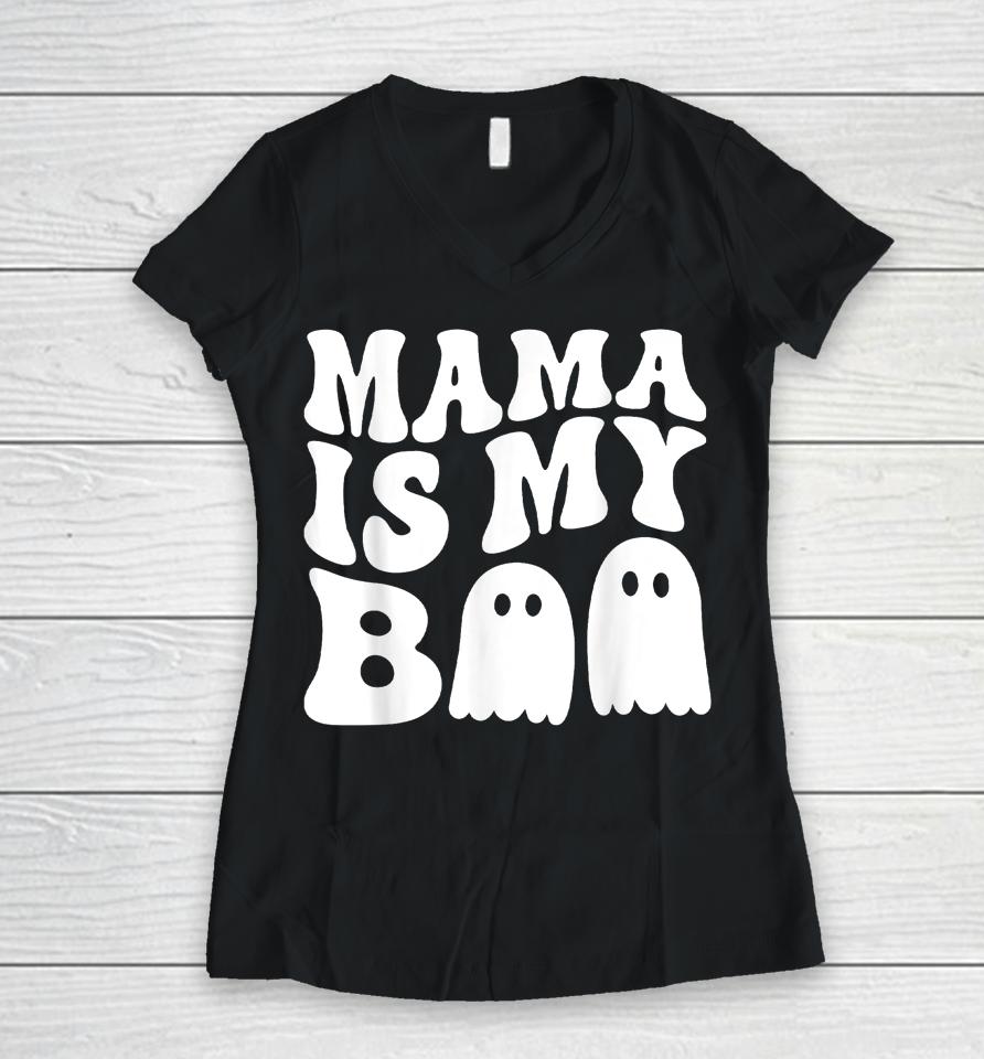 Groovy Mama Is My Boo Halloween Women V-Neck T-Shirt