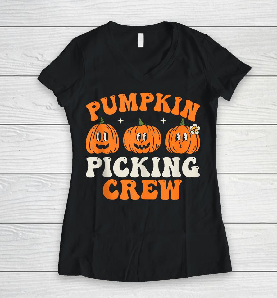 Groovy Pumpkin Picking Crew Squad Fall Autumn Halloween Women V-Neck T-Shirt