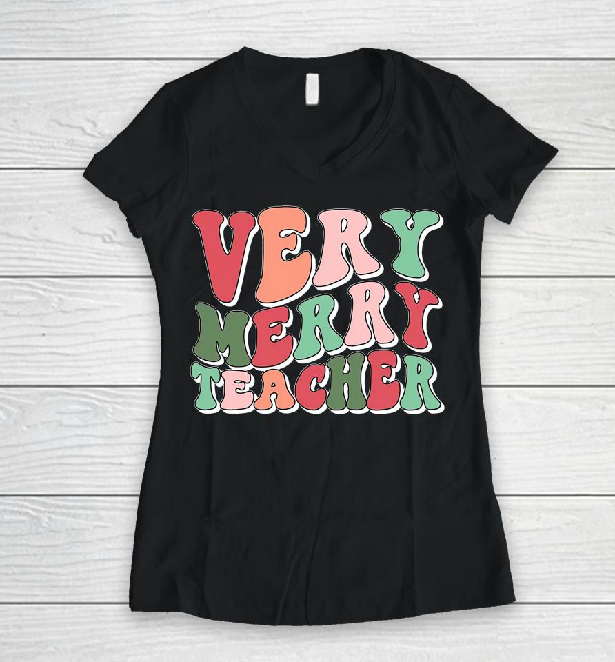 Groovy Retro Christmas Pajama Xmas Very Merry Teacher Women V-Neck T-Shirt