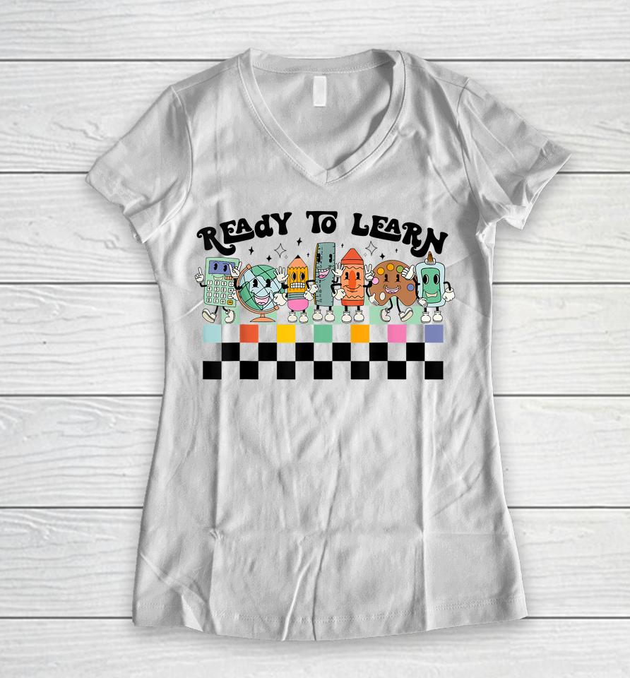 Groovy Retro Teacher Life Daisy Hippy Be Kind Back To School Women V-Neck T-Shirt