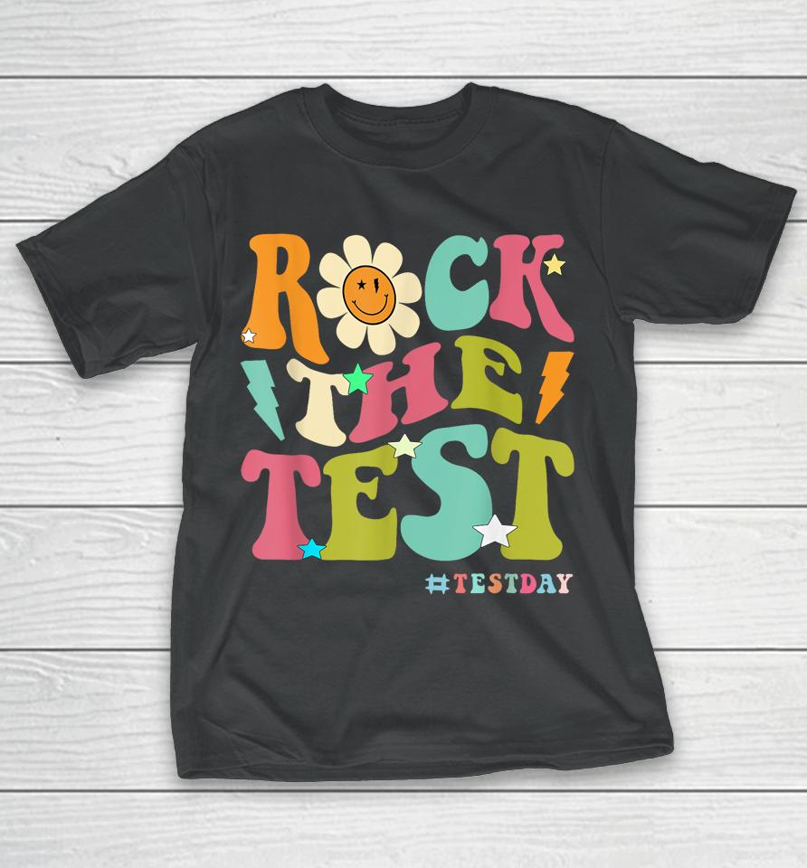 Groovy Rock The Test Motivational Retro Teacher Testing Day T-Shirt