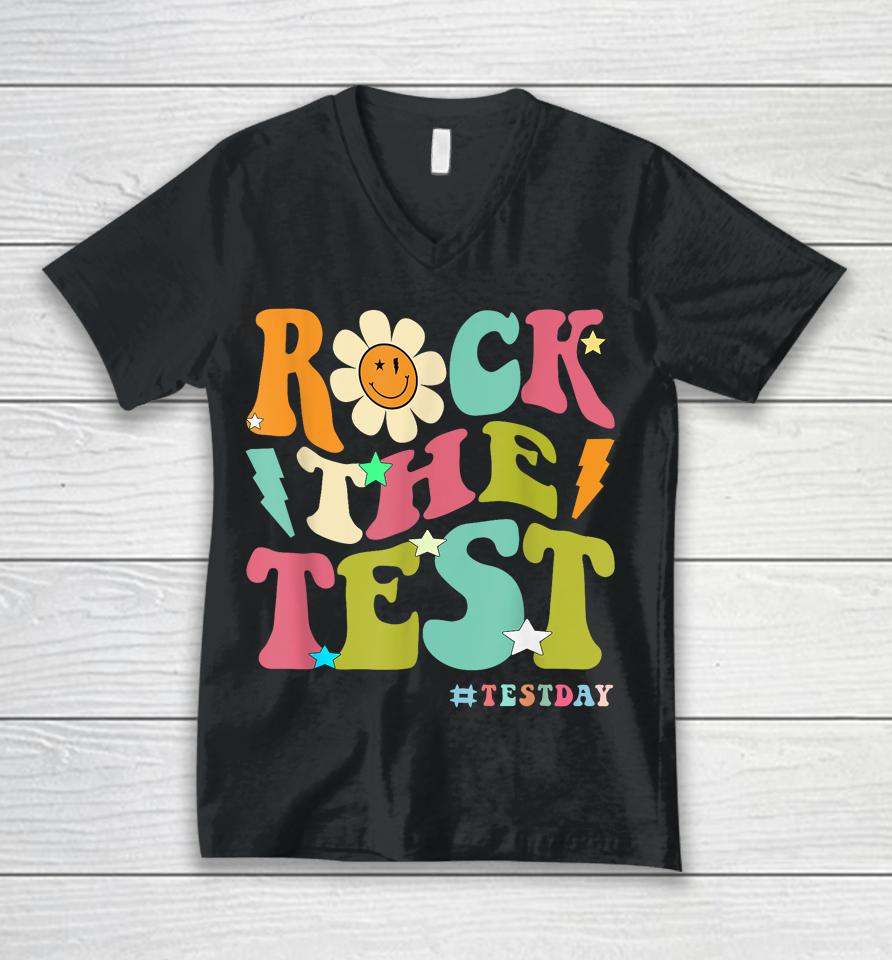 Groovy Rock The Test Motivational Retro Teacher Testing Day Unisex V-Neck T-Shirt