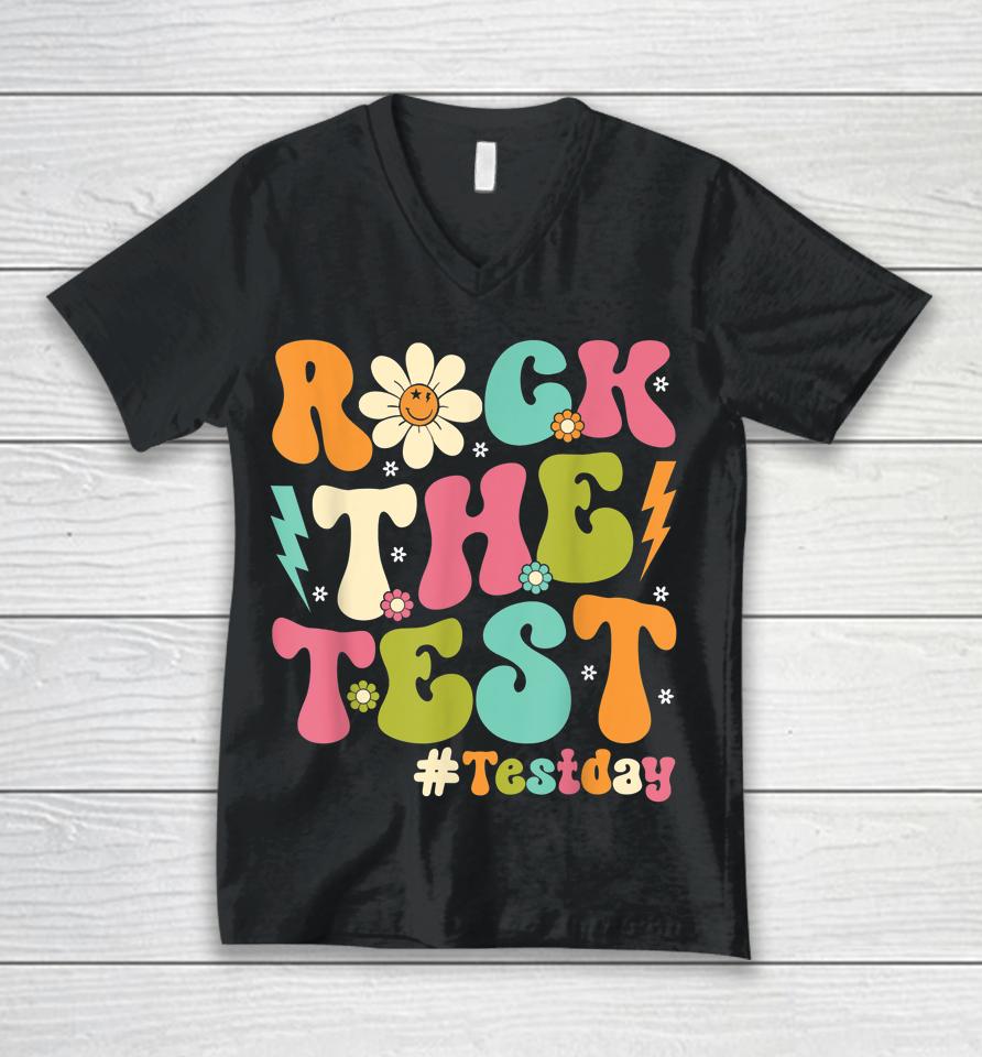 Groovy Rock The Test Motivational Retro Teachers Testing Day Unisex V-Neck T-Shirt