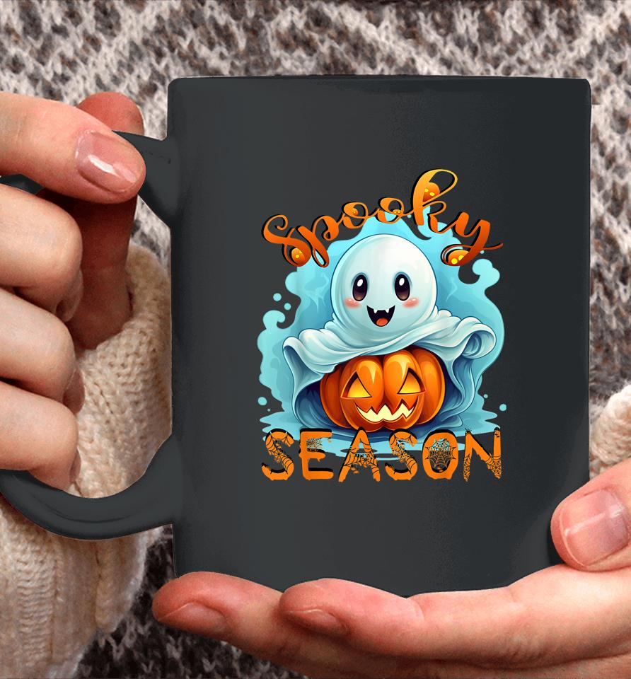 Groovy Spooky Season Cute Ghost Holding Pumpkin Halloween Coffee Mug