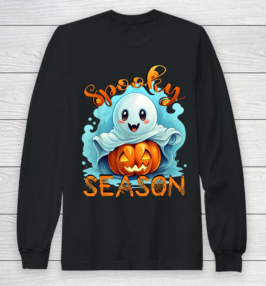 Groovy Spooky Season Cute Ghost Holding Pumpkin Halloween Long Sleeve T-Shirt