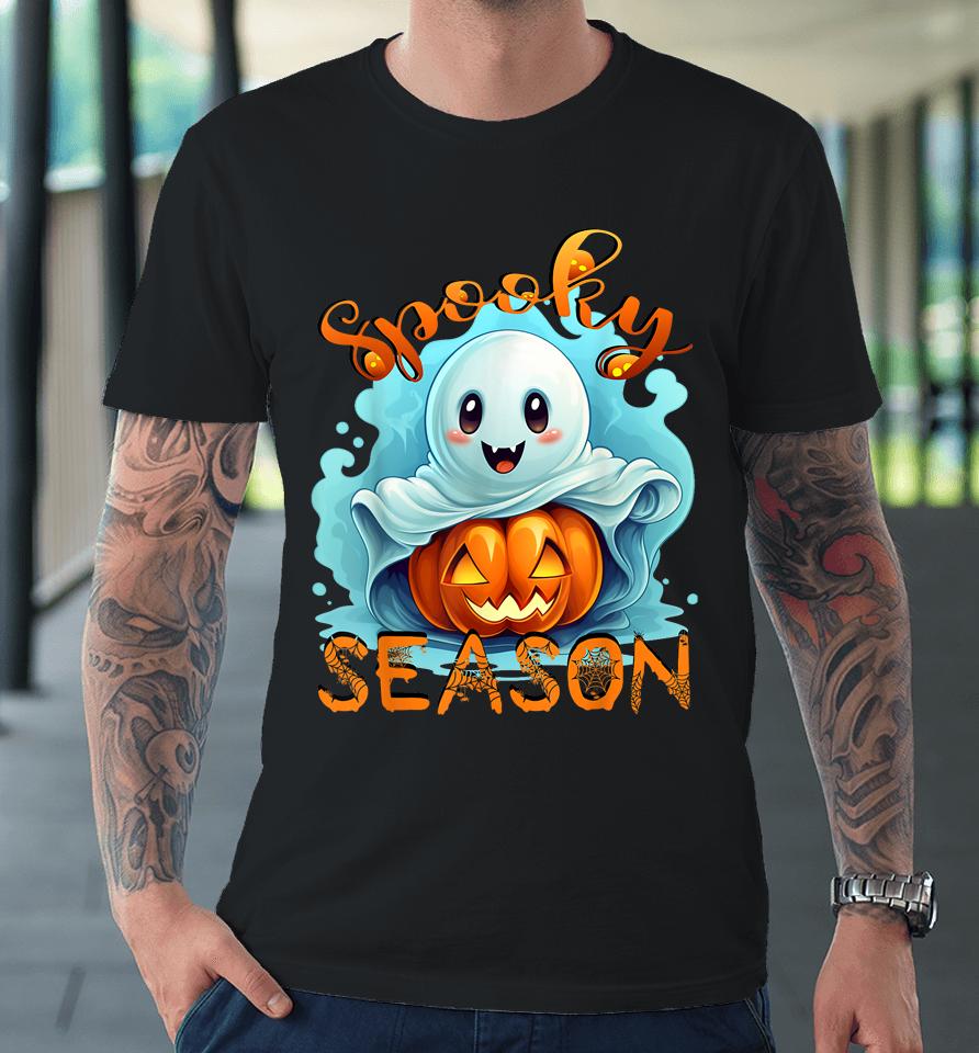 Groovy Spooky Season Cute Ghost Holding Pumpkin Halloween Premium T-Shirt
