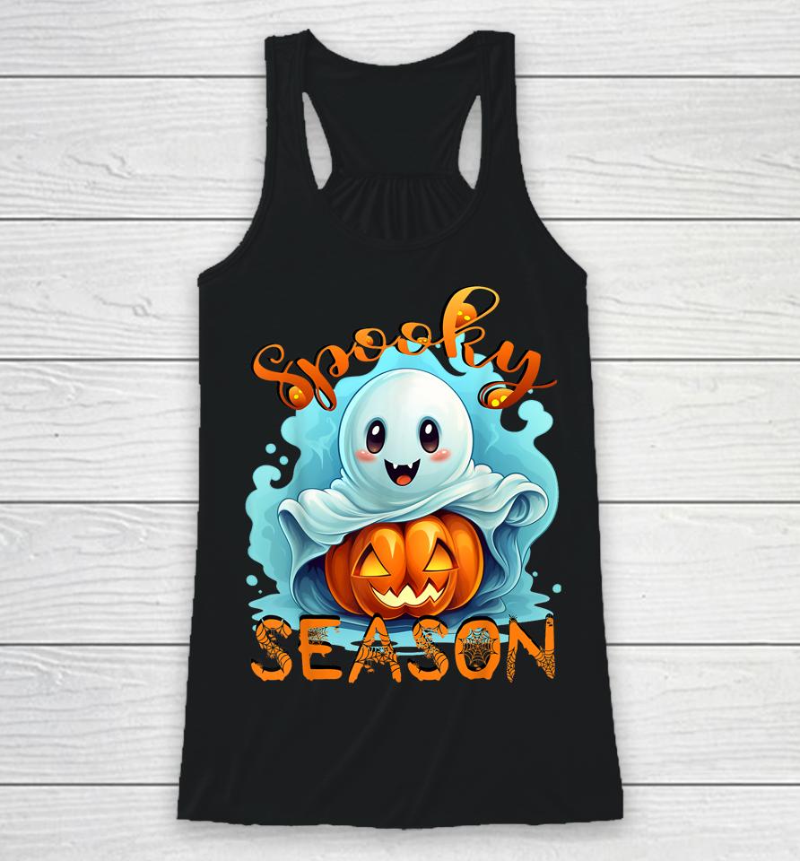 Groovy Spooky Season Cute Ghost Holding Pumpkin Halloween Racerback Tank