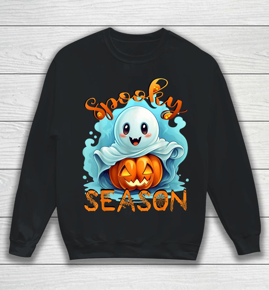 Groovy Spooky Season Cute Ghost Holding Pumpkin Halloween Sweatshirt