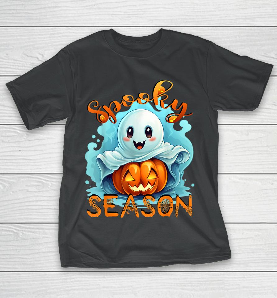 Groovy Spooky Season Cute Ghost Holding Pumpkin Halloween T-Shirt