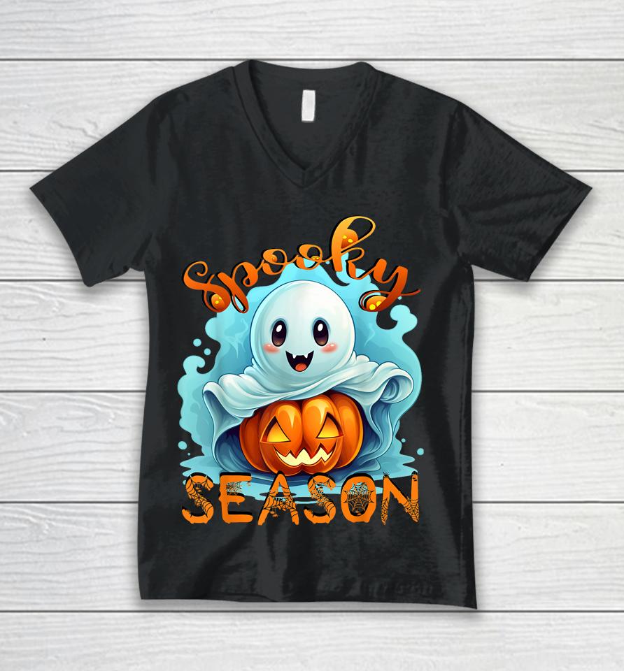 Groovy Spooky Season Cute Ghost Holding Pumpkin Halloween Unisex V-Neck T-Shirt