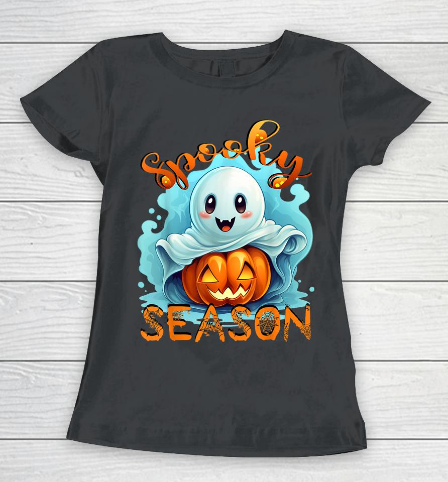 Groovy Spooky Season Cute Ghost Holding Pumpkin Halloween Women T-Shirt