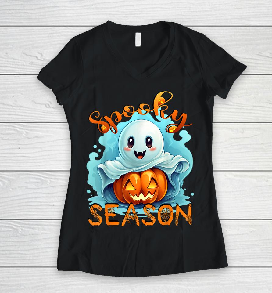 Groovy Spooky Season Cute Ghost Holding Pumpkin Halloween Women V-Neck T-Shirt