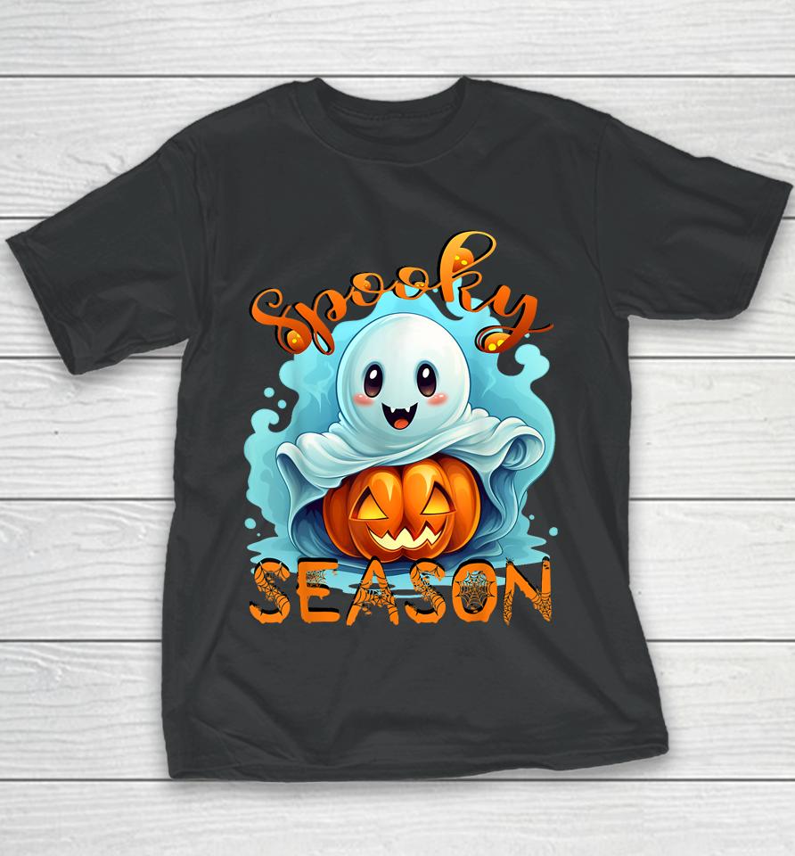 Groovy Spooky Season Cute Ghost Holding Pumpkin Halloween Youth T-Shirt