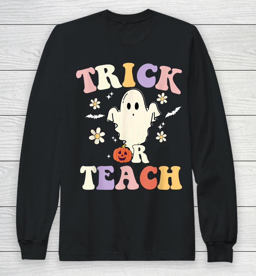Groovy Teacher Halloween Trick Or Teach Retro Floral Ghost Long Sleeve T-Shirt