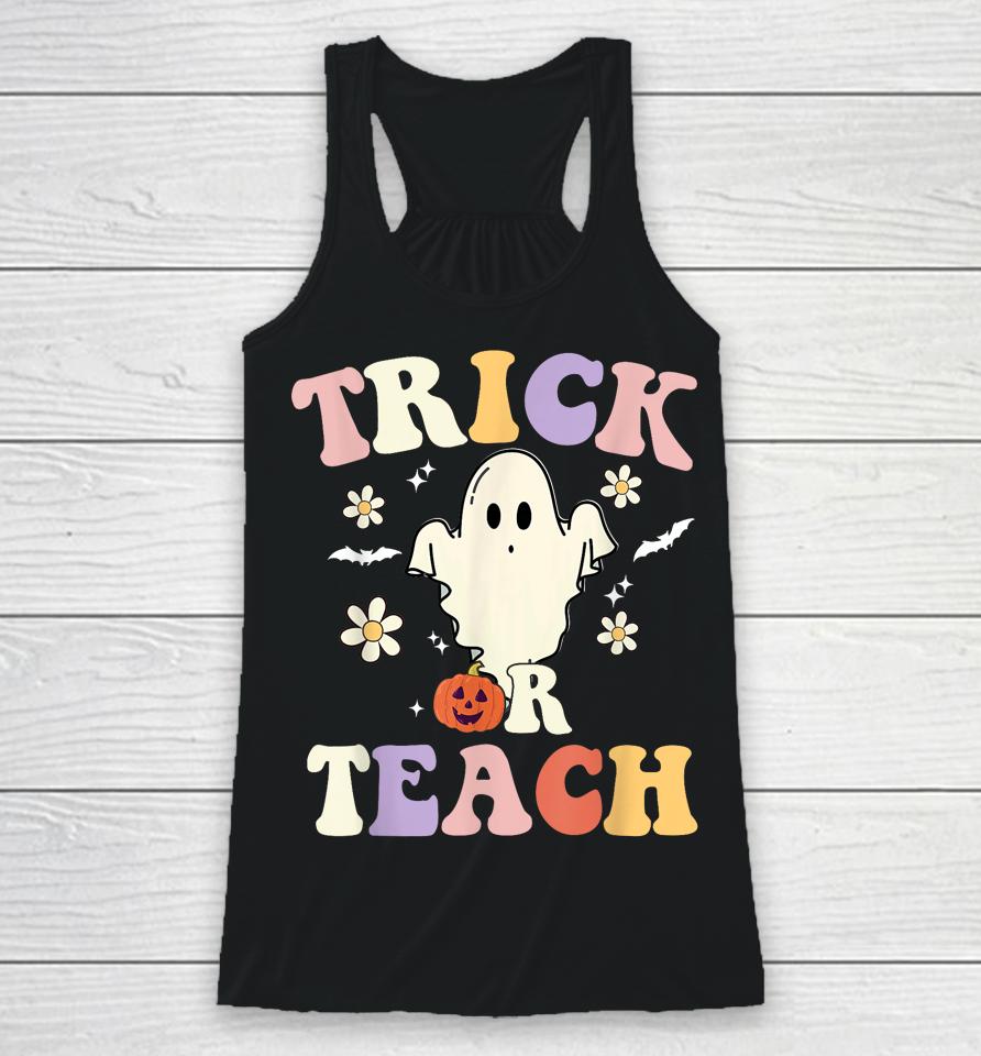 Groovy Teacher Halloween Trick Or Teach Retro Floral Ghost Racerback Tank