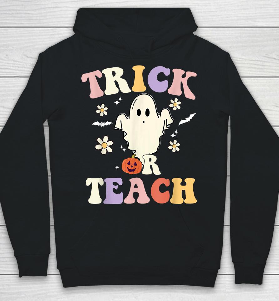 Groovy Teacher Halloween Trick Or Teach Retro Floral Ghost Hoodie