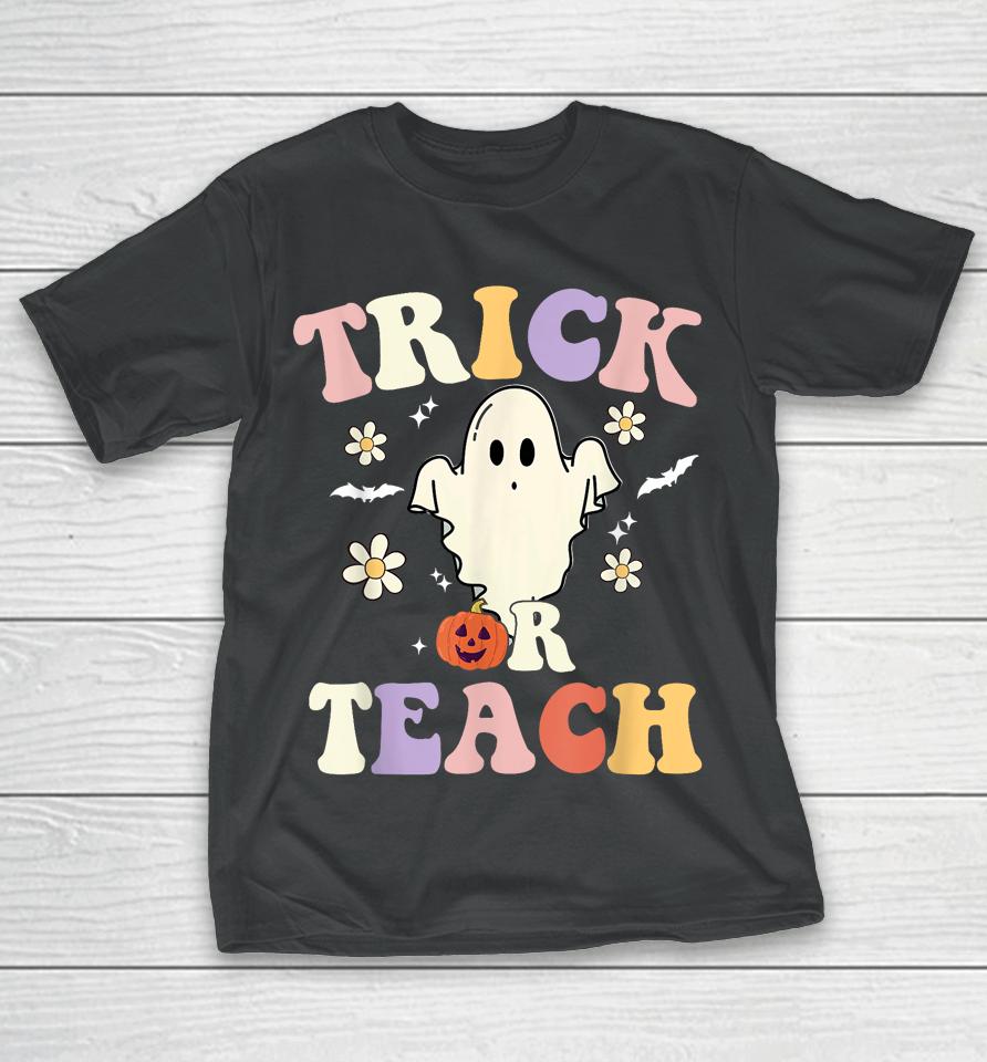 Groovy Teacher Halloween Trick Or Teach Retro Floral Ghost T-Shirt