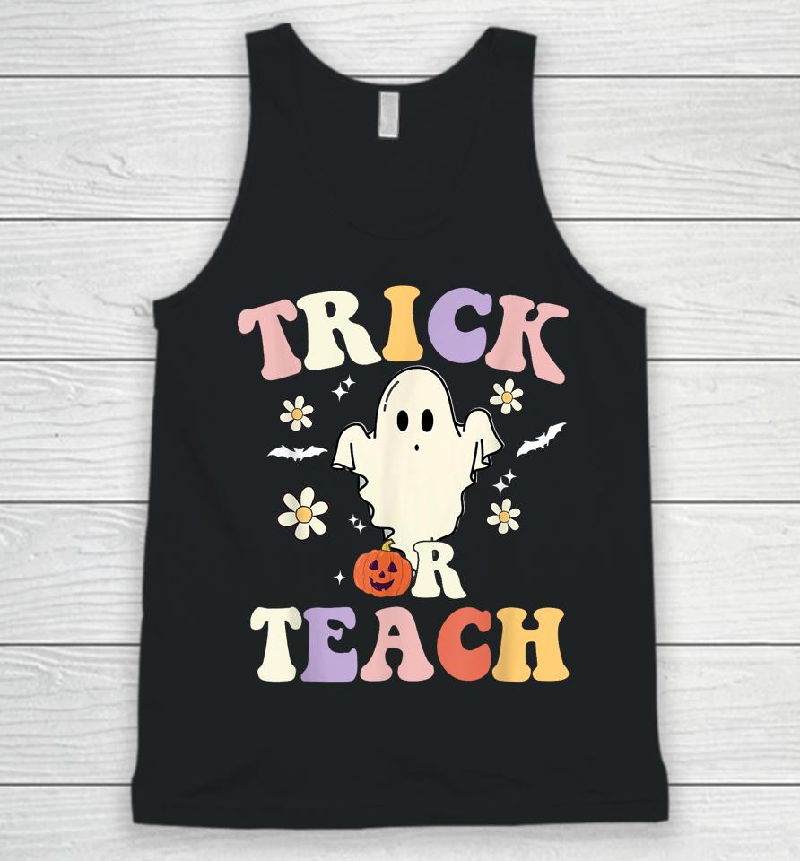Groovy Teacher Halloween Trick Or Teach Retro Floral Ghost Unisex Tank Top