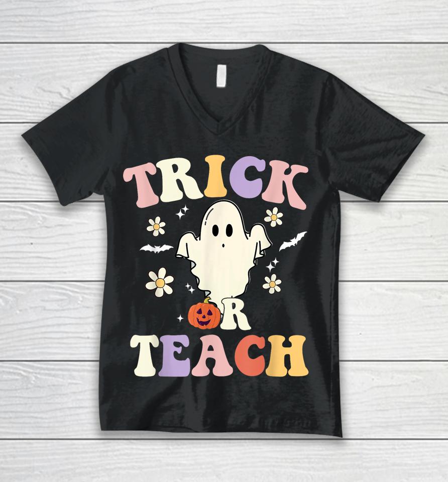 Groovy Teacher Halloween Trick Or Teach Retro Floral Ghost Unisex V-Neck T-Shirt