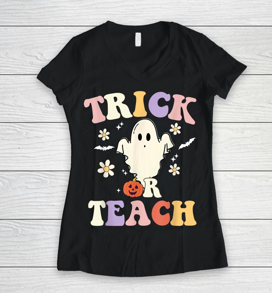 Groovy Teacher Halloween Trick Or Teach Retro Floral Ghost Women V-Neck T-Shirt