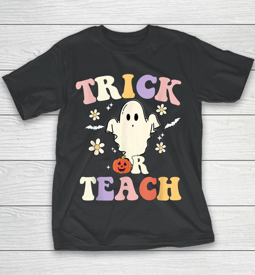 Groovy Teacher Halloween Trick Or Teach Retro Floral Ghost Youth T-Shirt