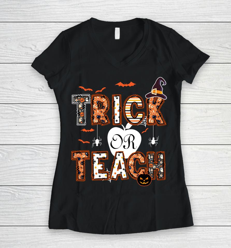 Groovy Trick Ot Teach Retro Vintage Halloween Teacher Life Women V-Neck T-Shirt