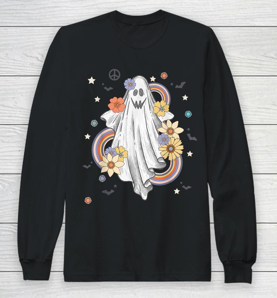 Groovy Vintage Floral Ghost Hippie Halloween Spooky Season Long Sleeve T-Shirt