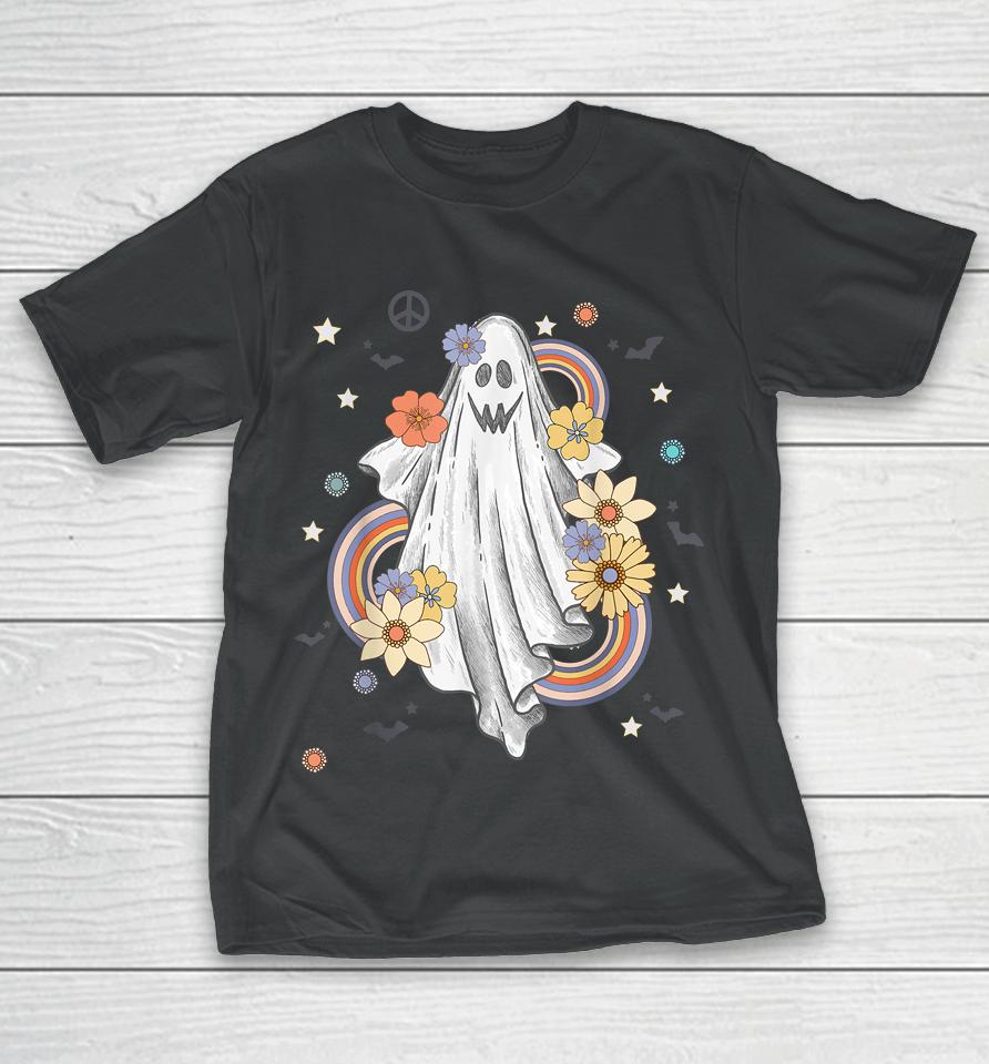 Groovy Vintage Floral Ghost Hippie Halloween Spooky Season T-Shirt