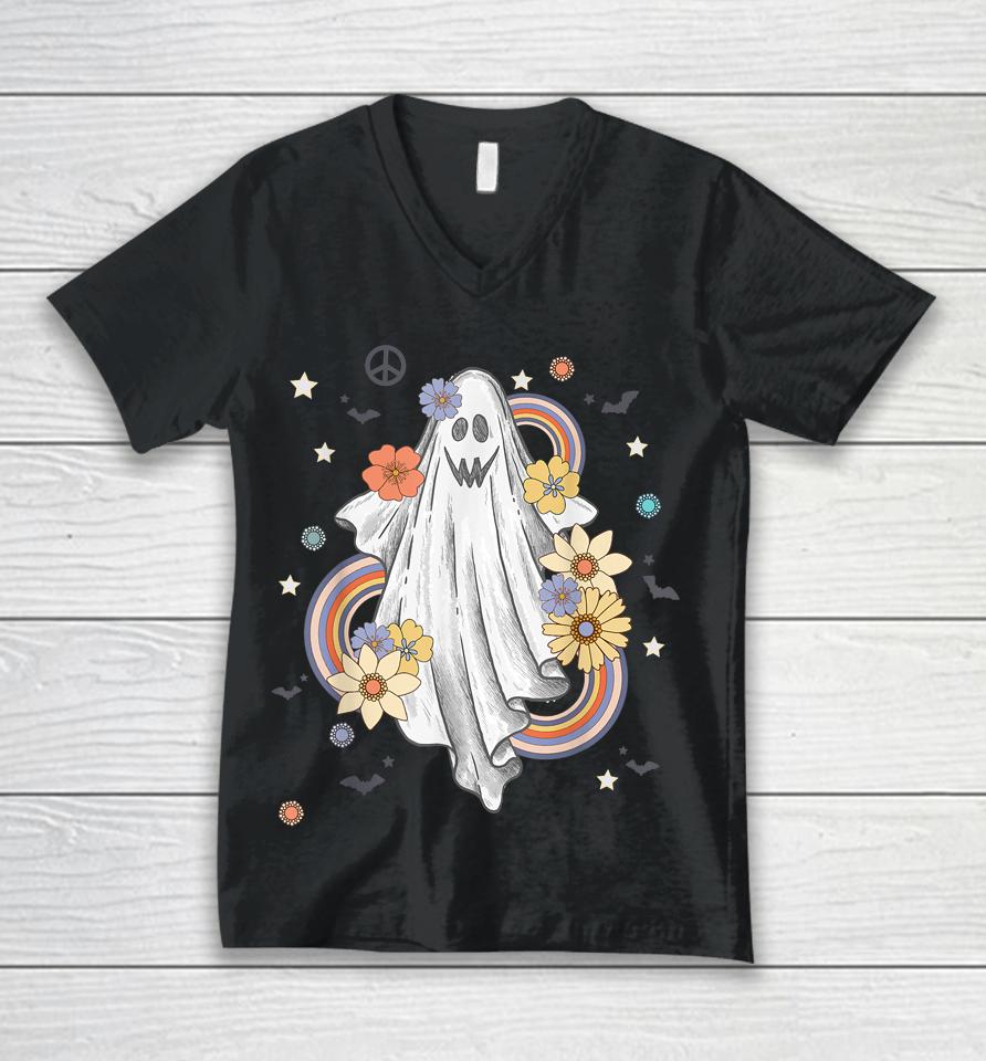 Groovy Vintage Floral Ghost Hippie Halloween Spooky Season Unisex V-Neck T-Shirt