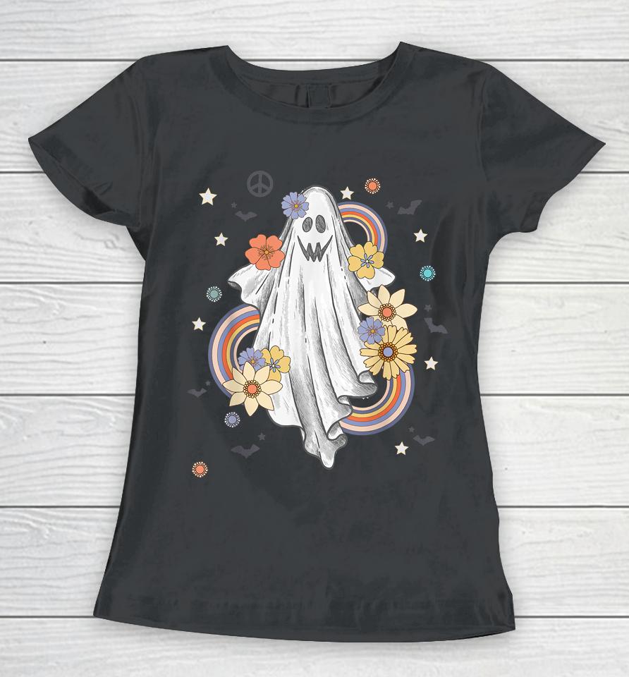 Groovy Vintage Floral Ghost Hippie Halloween Spooky Season Women T-Shirt