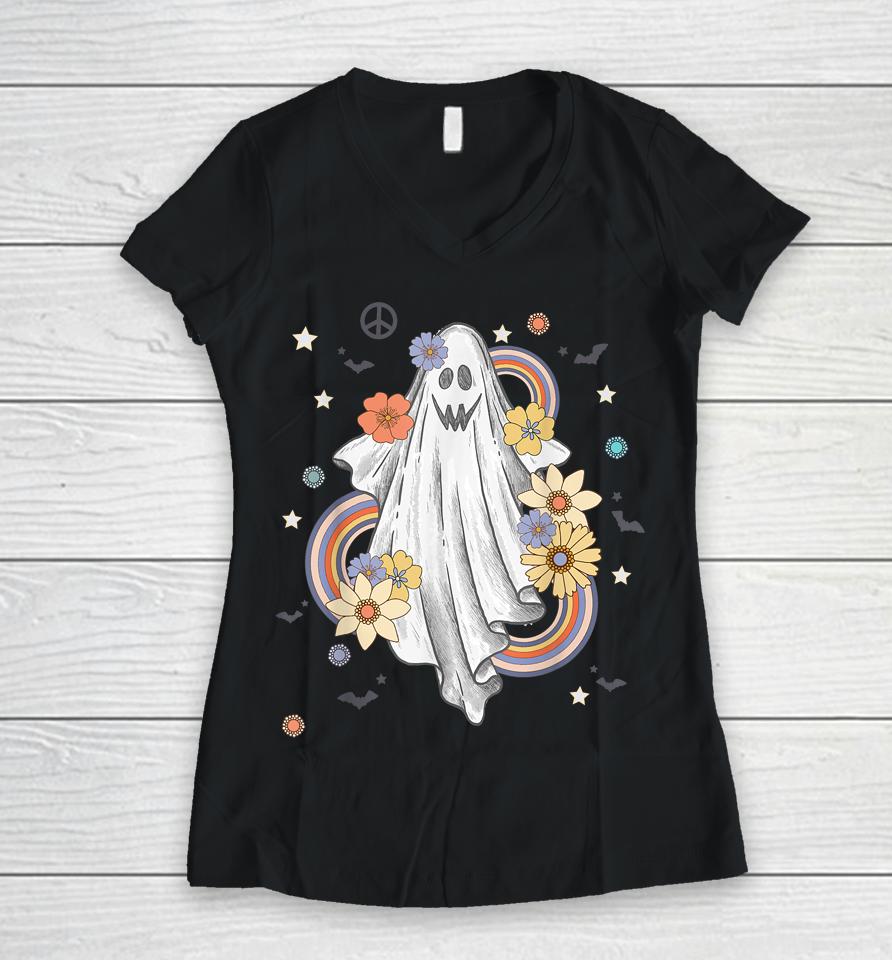 Groovy Vintage Floral Ghost Hippie Halloween Spooky Season Women V-Neck T-Shirt