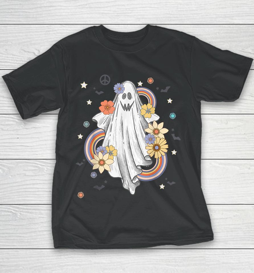 Groovy Vintage Floral Ghost Hippie Halloween Spooky Season Youth T-Shirt