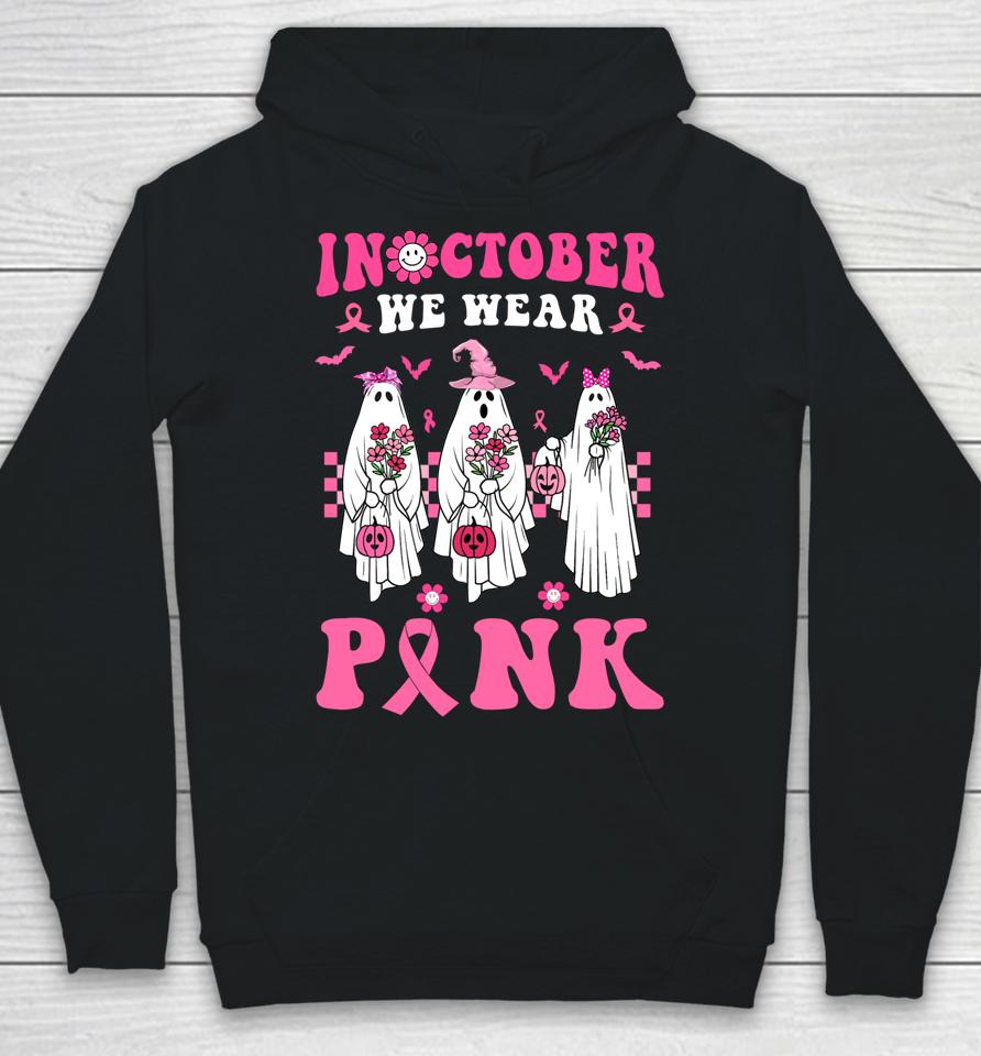 Groovy We Wear Pink Breast Cancer Floral Ghost Halloween Hoodie