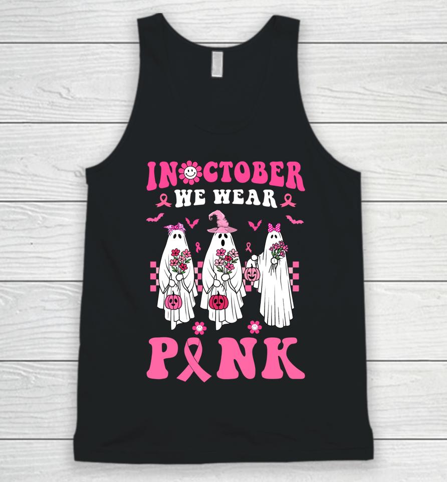 Groovy We Wear Pink Breast Cancer Floral Ghost Halloween Unisex Tank Top